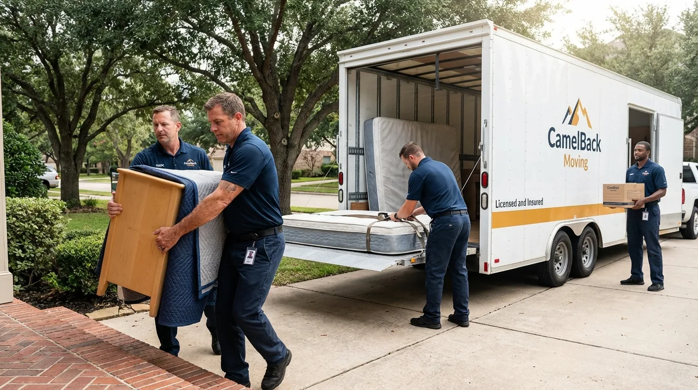 Crew loading residential truck for cross-state move from Britt, IA