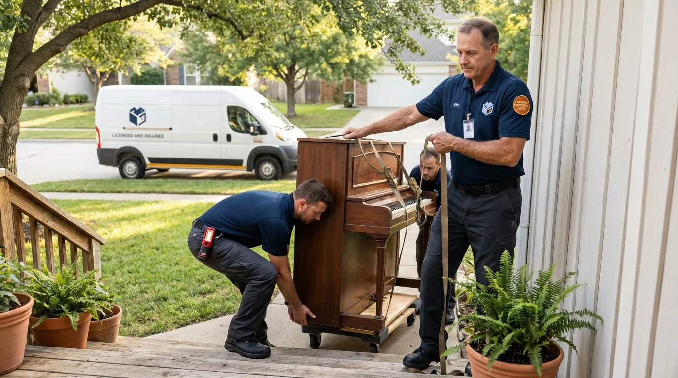 Licensed piano movers securing grand piano in Britt, IA