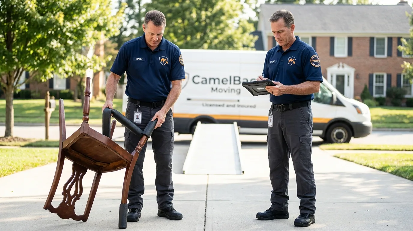 Movers inspecting furniture for damage prevention before loading in Britt, IA