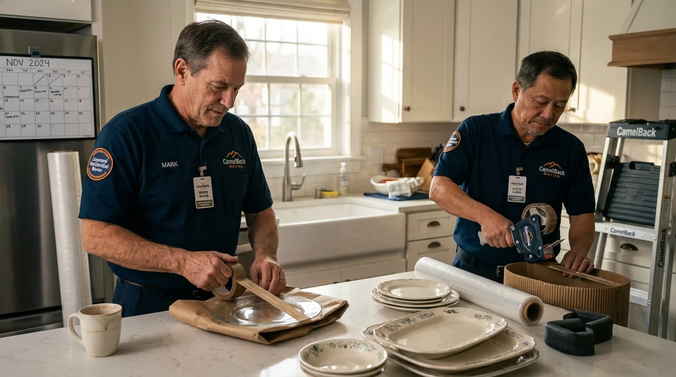 Professional crew packing kitchen dishware in Britt, IA